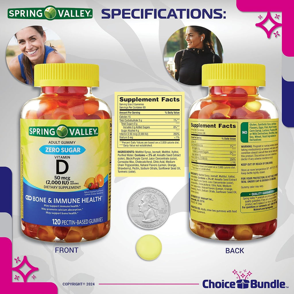 Pack de 2: Gomitas de Vitamina D 50 mcg (2000 UI) Sin Azúcar - Spring Valley + Guía y Pastillero