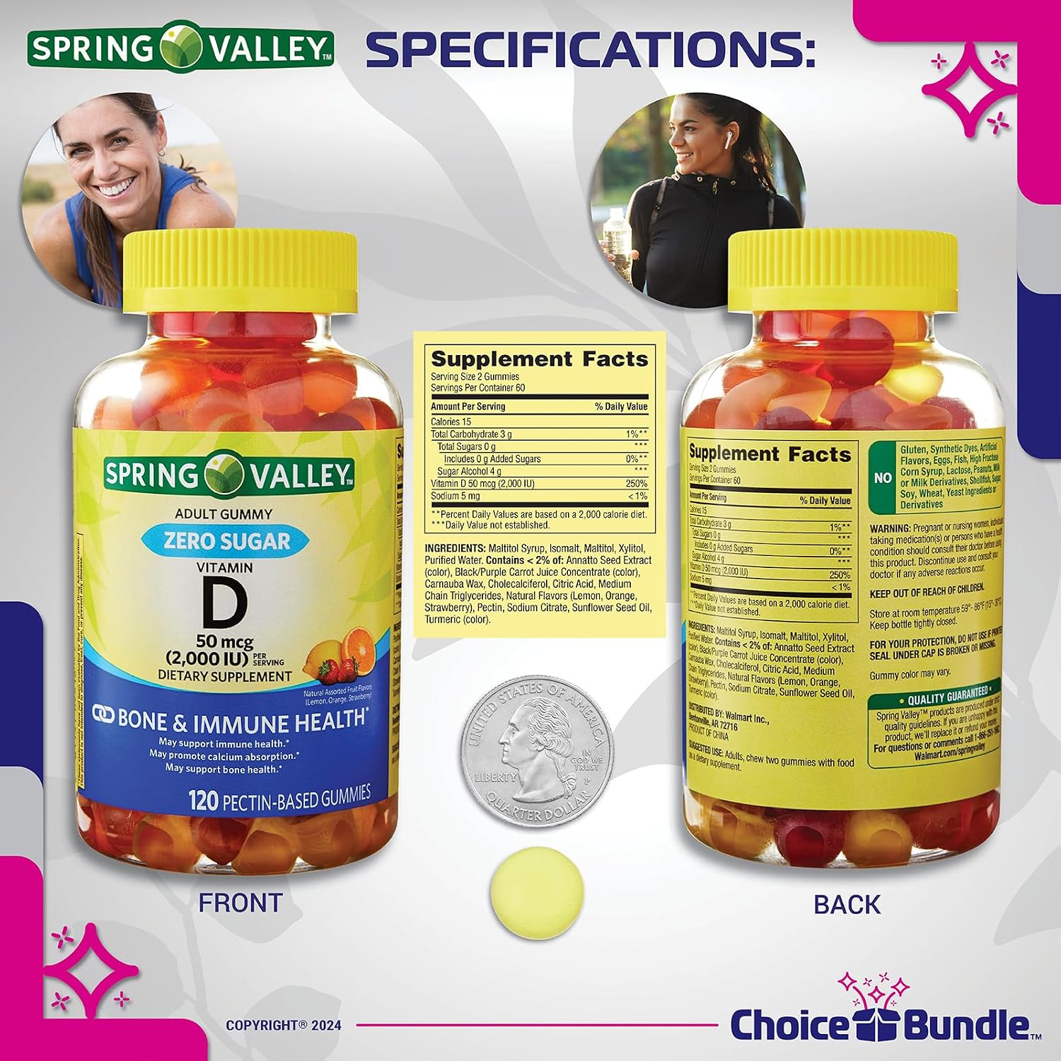 Pack de 2: Gomitas de Vitamina D 50 mcg (2000 UI) Sin Azúcar - Spring Valley + Guía y Pastillero
