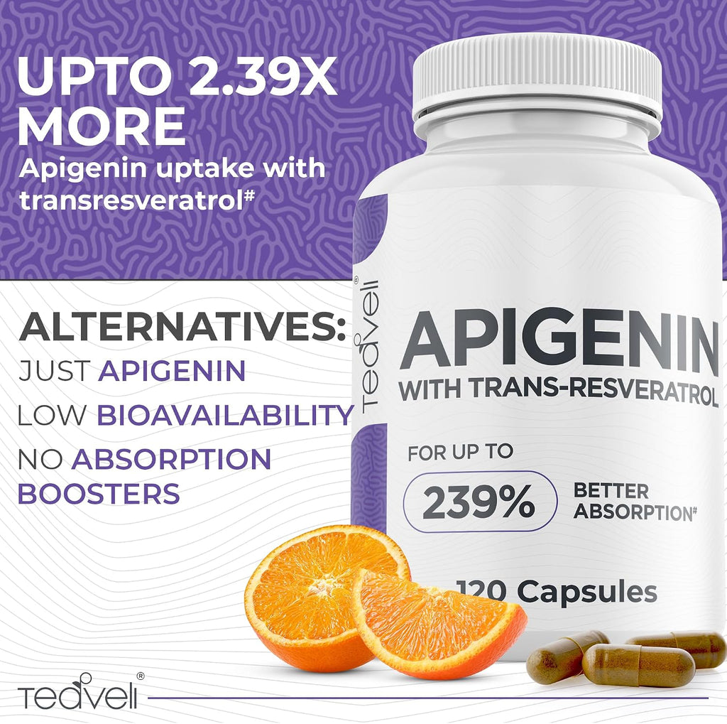 Suplemento Avanzado de Apigenina con Resveratrol – 50mg para Apoyo al Sueño sin Melatonina – 120 Cápsulas Veganas