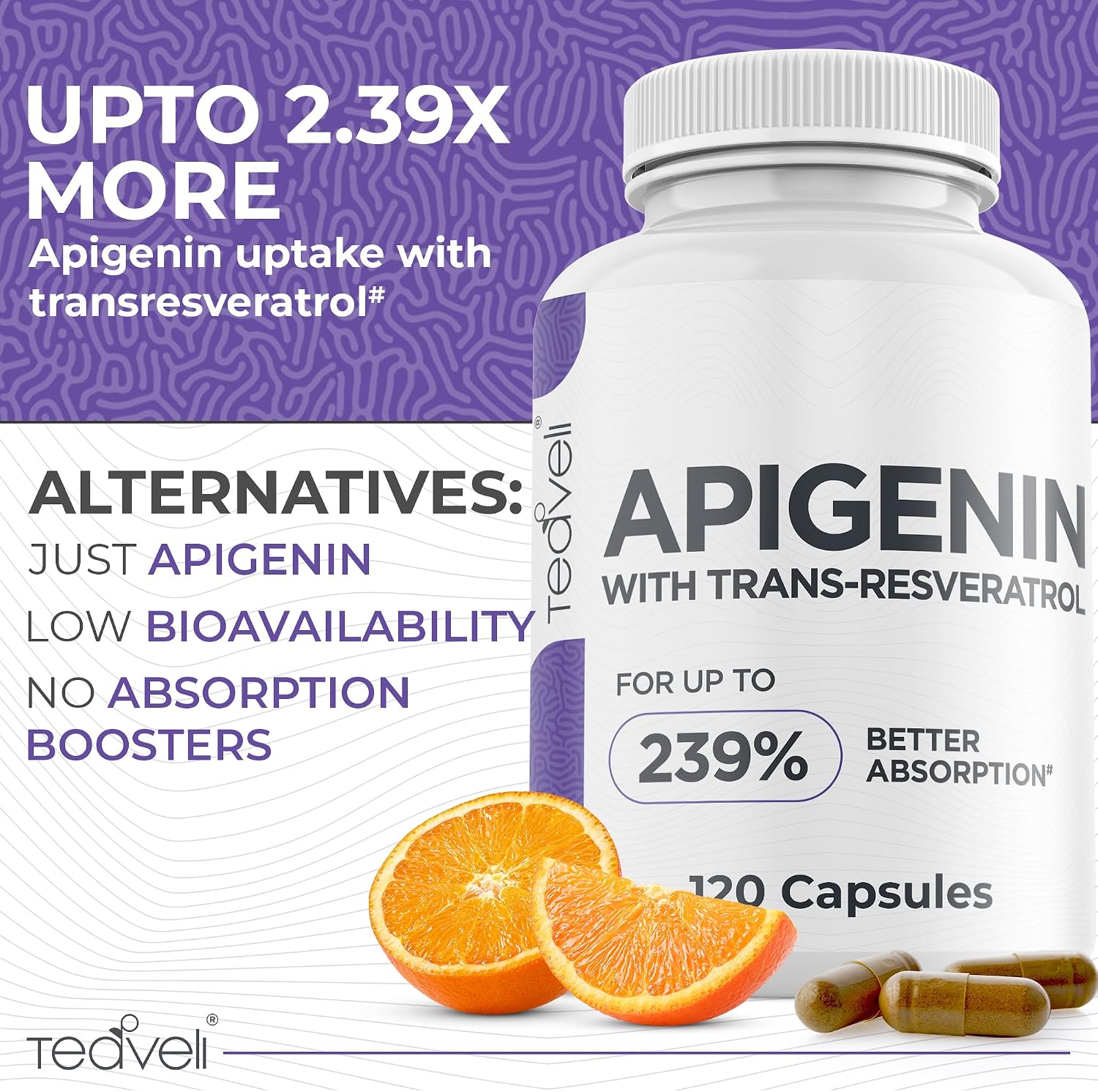 Suplemento Avanzado de Apigenina con Resveratrol – 50mg para Apoyo al Sueño sin Melatonina – 120 Cápsulas Veganas