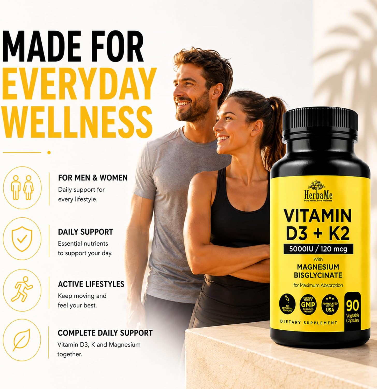 HerbaMe Vitamina D3 5000 UI + K2 con Magnesio Bisglicinato | Salud Ósea, Muscular e Inmune | 90 Cápsulas