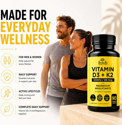 HerbaMe Vitamina D3 5000 UI + K2 con Magnesio Bisglicinato | Salud Ósea, Muscular e Inmune | 90 Cápsulas – Image 6