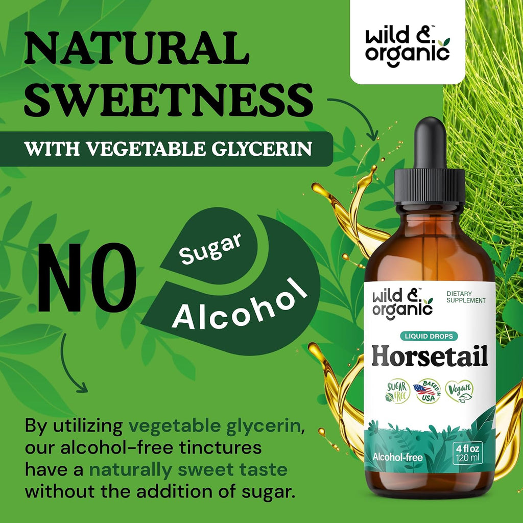 Wild & Organic Tintura de Cola de Caballo - Apoyo para Cabello, Piel y Uñas - Suplemento Líquido Vegano sin Alcohol - 118 ml
