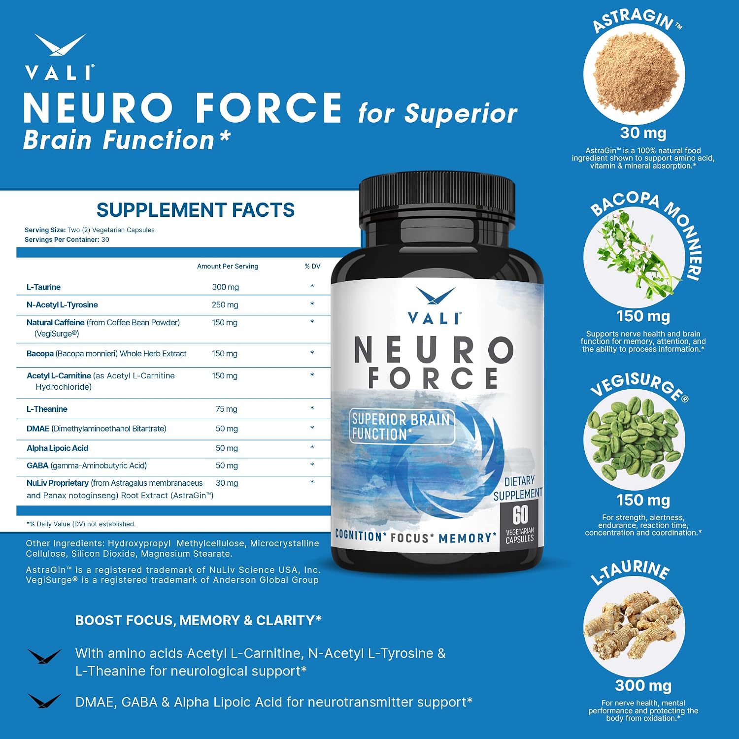 VALI Neuro Force Brain Booster - 60 Cápsulas Vegetales