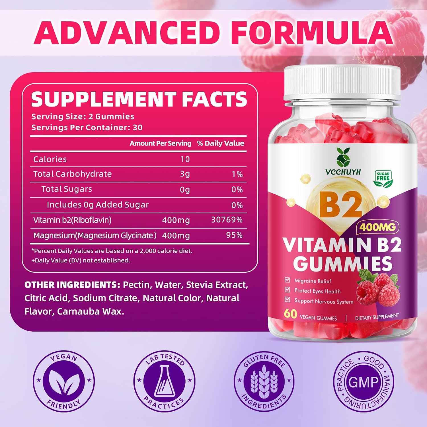 VCCHUYH Gominolas de Vitamina B2 con Magnesio, 400 mg de Riboflavina, 120 unidades