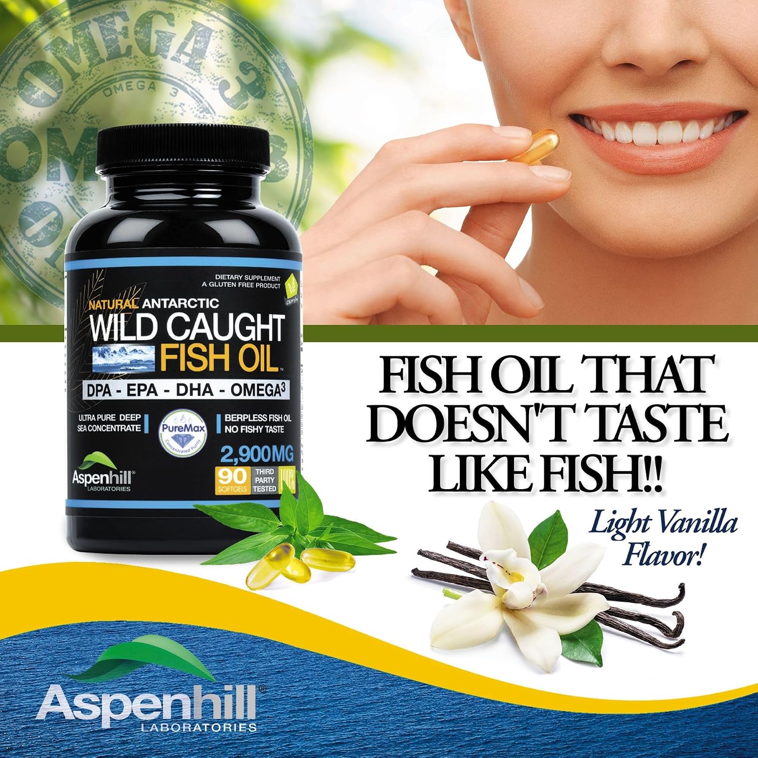 Triple Strength Fish Oil - Aceite de Pescado Omega 3 con DPA, EPA y DHA - 2900 mg - 90 Cápsulas Blandas - Sabor Vainilla