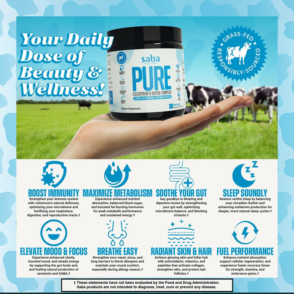 Saba Pure Colostrum & Biotin Complex – Sin sabor, 60 dosis