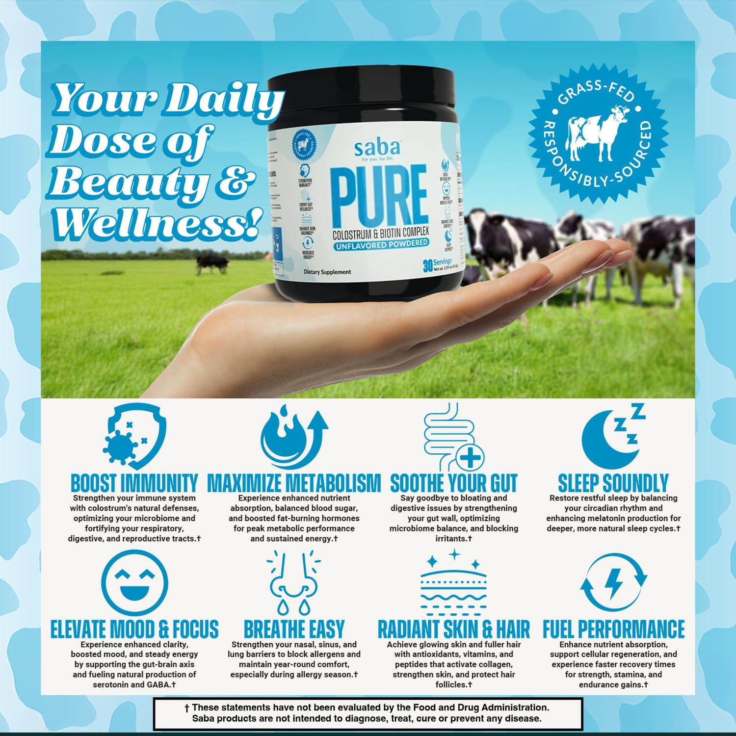 Saba Pure Colostrum & Biotin Complex – Sin sabor, 60 dosis