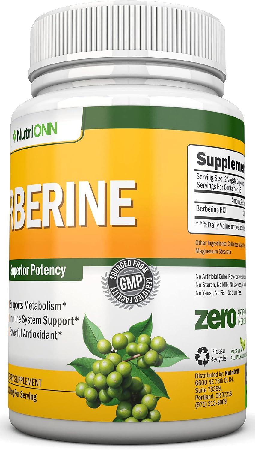 Berberina 1200 mg - 90 Cápsulas Vegetales - Suplemento Puro de Berberina HCL - NutriONN
