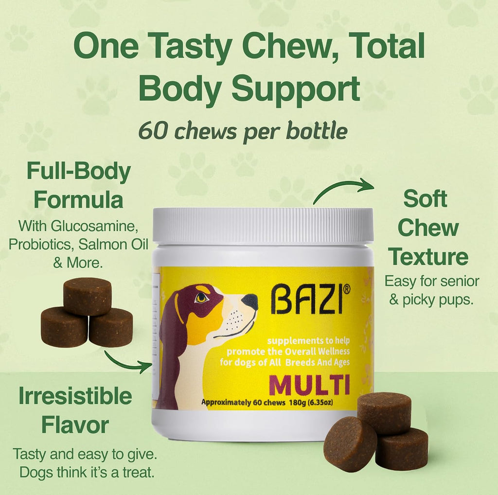 BAZI Multi Dog Chews – Complemento de Salud Integral con Glucosamina, Probióticos, Aceite de Salmón, Ashwagandha y Hongos – Bienestar Diario, Piel y Pelaje, Digestión y Vitalidad para Todos los Perros