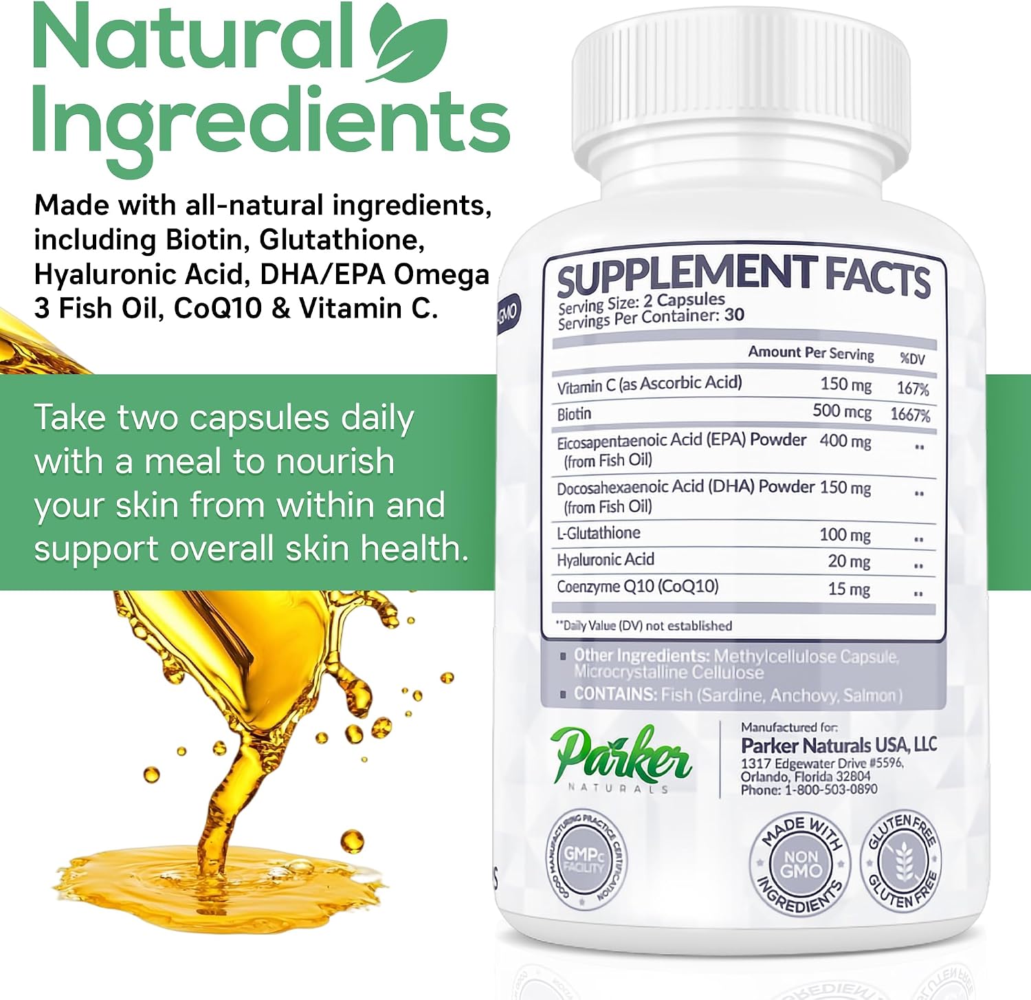 Parker Naturals Glowing Skin Supplement - Biotina, Glutatión, Ácido Hialurónico, Omega 3, CoQ10, Vitamina C, 60 Cápsulas