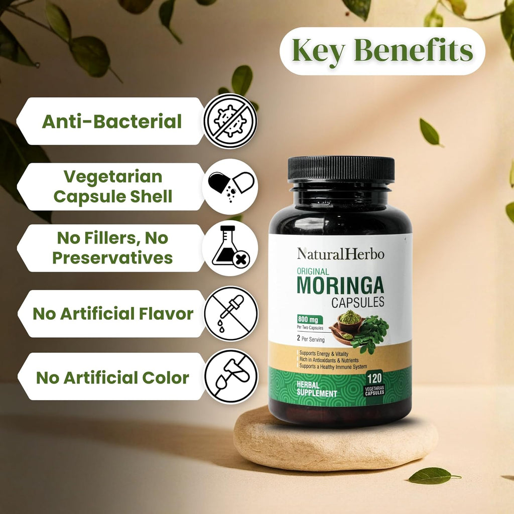 Cápsulas de Moringa Pura - Extracto de Hoja de Moringa para Energía Natural, Digestión y Bienestar Diario | Superfood Verde Vegano | 120 Cápsulas (800mg)