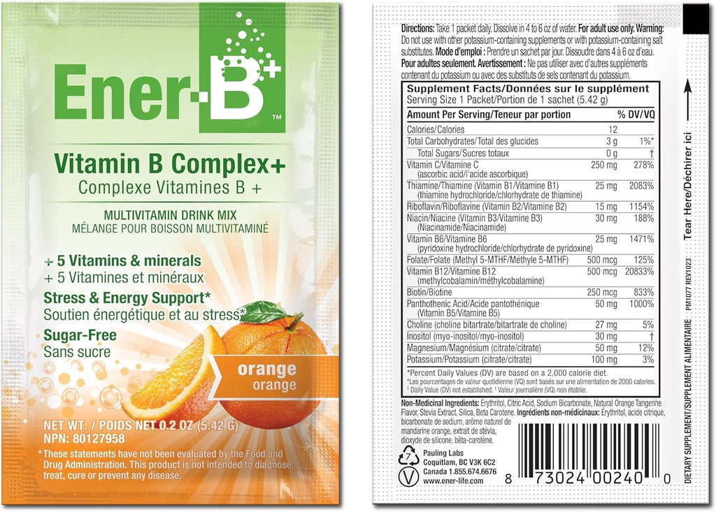 Ener-B+ Bebida Multivitamínica Sin Azúcar - Sabor Naranja - 30 Sobres