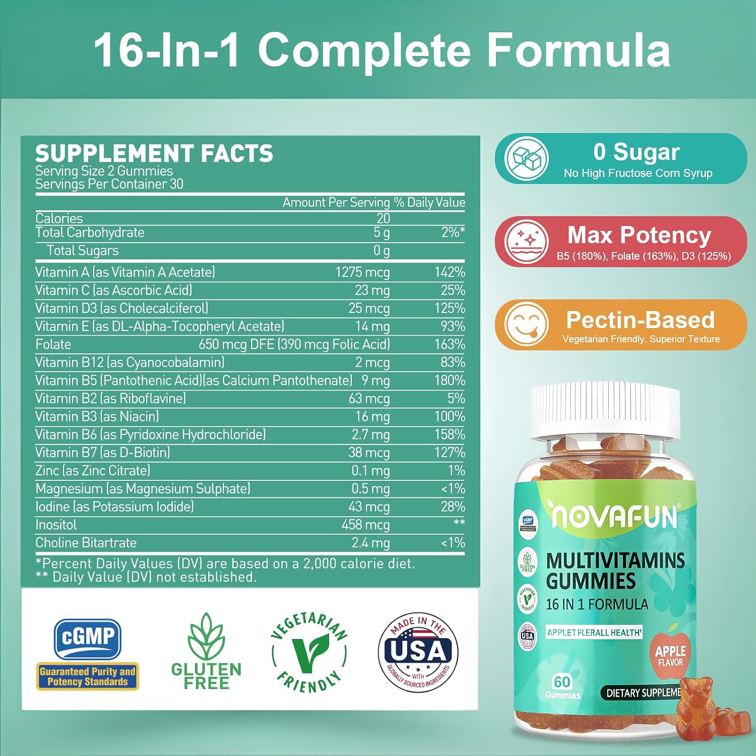 Novafun Multivitamin Gummies - 16 en 1, para Mujeres, Hombres y Niños, Vegano, Sin Azúcar, 60 Gominolas
