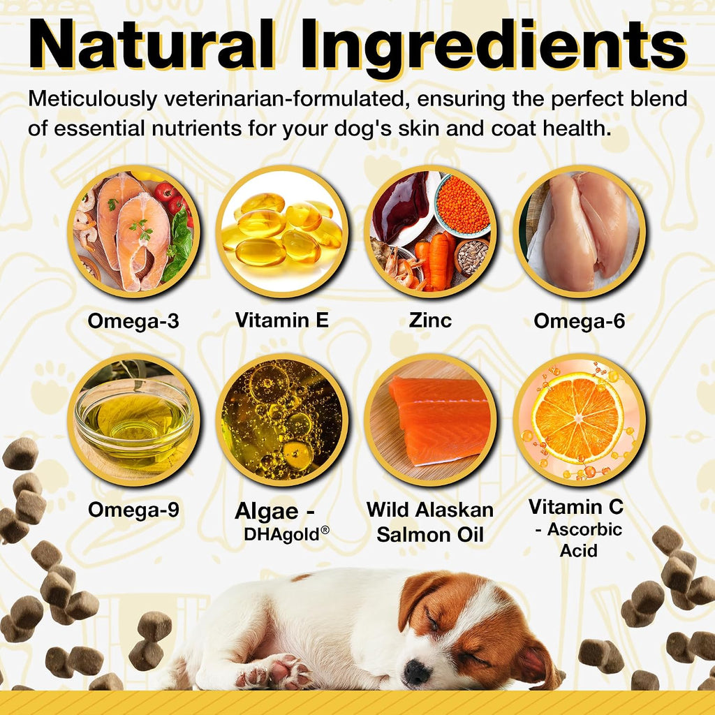 Suplemento de Aceite de Pescado para Perros - 120 Masticables con Omega 3, 6 y 9 - Sabor Salmón