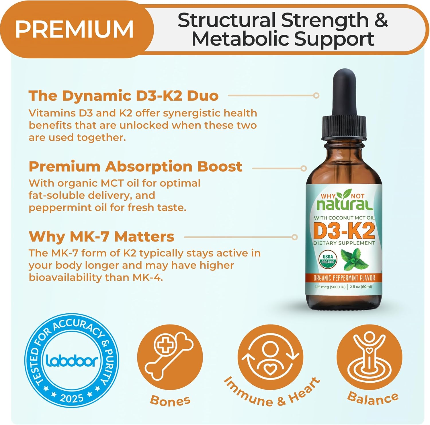 Why Not Natural Vitamina D3 K2 (MK-7) Gotas Líquidas, 5000 UI con Aceite MCT de Coco