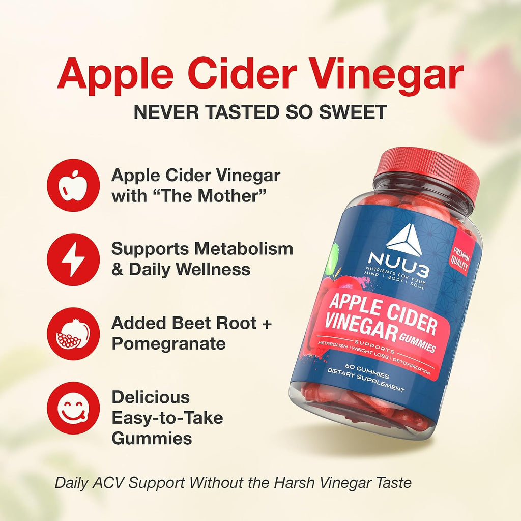 Gominolas de Vinagre de Manzana NUU3 con Folato, Yodo, Granada, Remolacha, Vitaminas B6 y B12 - 60 Unidades