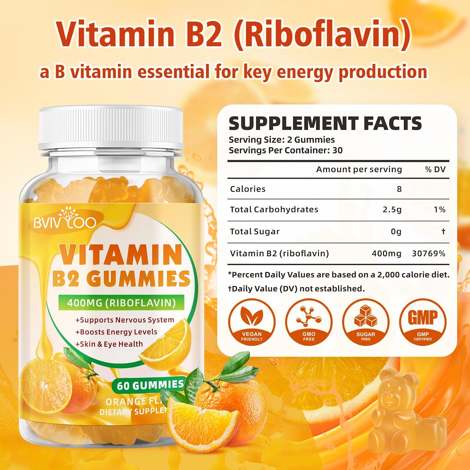Gominolas de Vitamina B2 400mg - Riboflavina - Pack de 2 - Vegano, Sin Azúcar, Sabor Naranja - 120 Gominolas