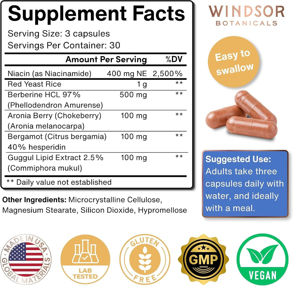 WINDSOR BOTANICALS Suplemento de Colesterol con Bergamota, Niacina, Levadura de Arroz Rojo, Berberina y Aronia - 90 Cápsulas Veganas