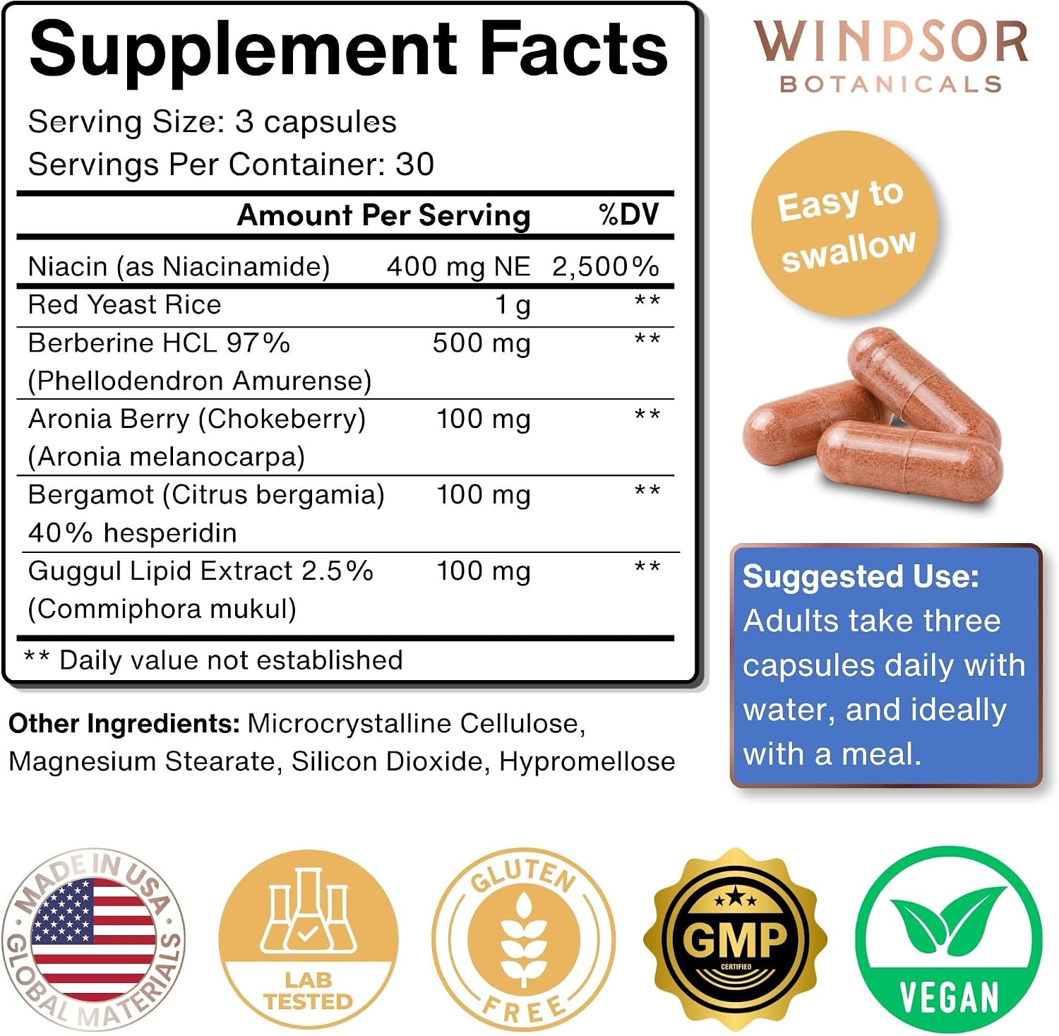WINDSOR BOTANICALS Suplemento de Colesterol con Bergamota, Niacina, Levadura de Arroz Rojo, Berberina y Aronia - 90 Cápsulas Veganas