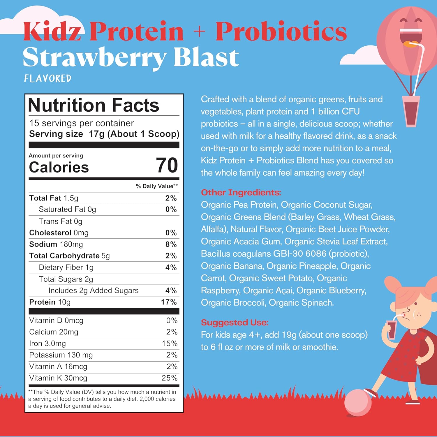 Amazing Grass Kidz Superfood – Proteína vegetal y probióticos para niños, sabor Fresa, 15 porciones