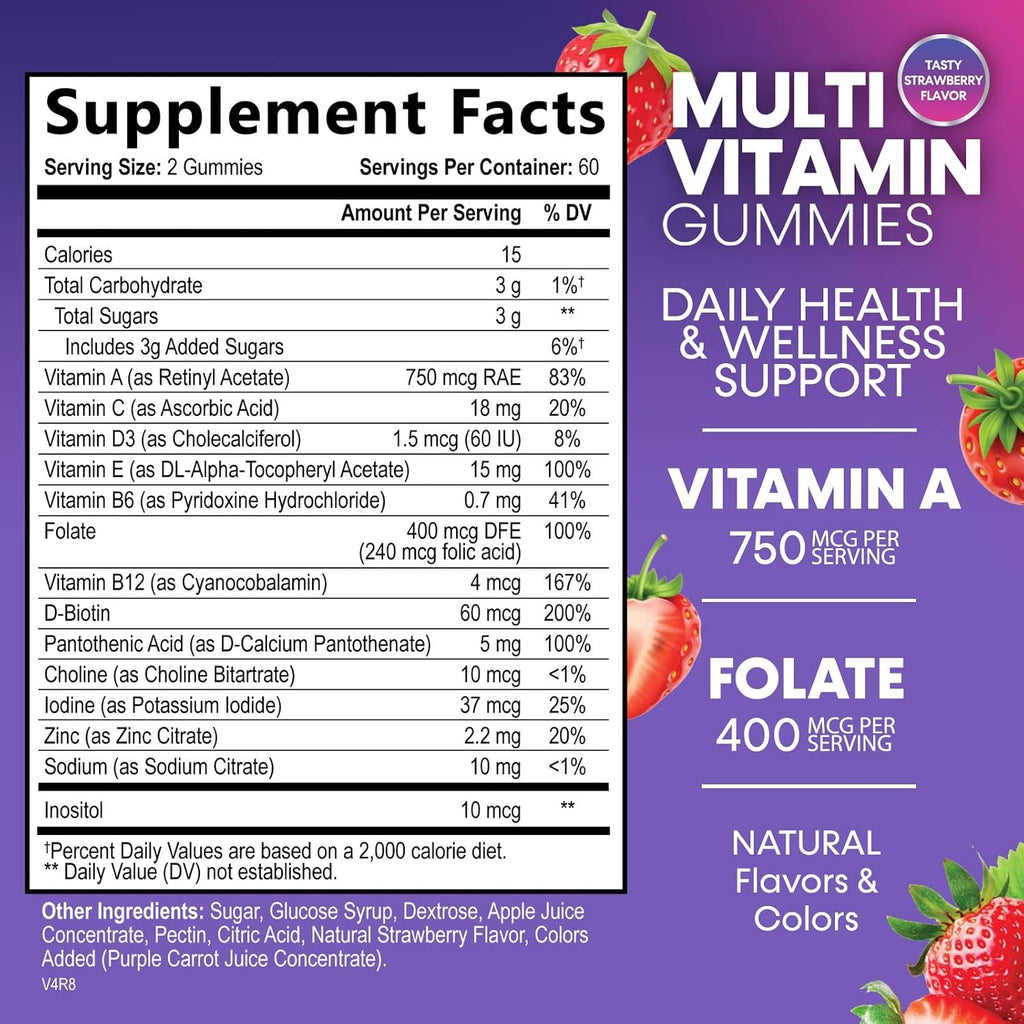 Gominolas Multivitamínicas para Adultos - Complejo Multivitamínico Diario con Vitaminas A, C, D, B12 para Mujeres y Hombres - 120 Gomitas