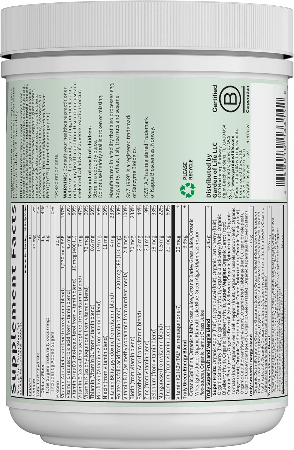 Garden of Life Sport Organic Greens – Apple Berry (270g)