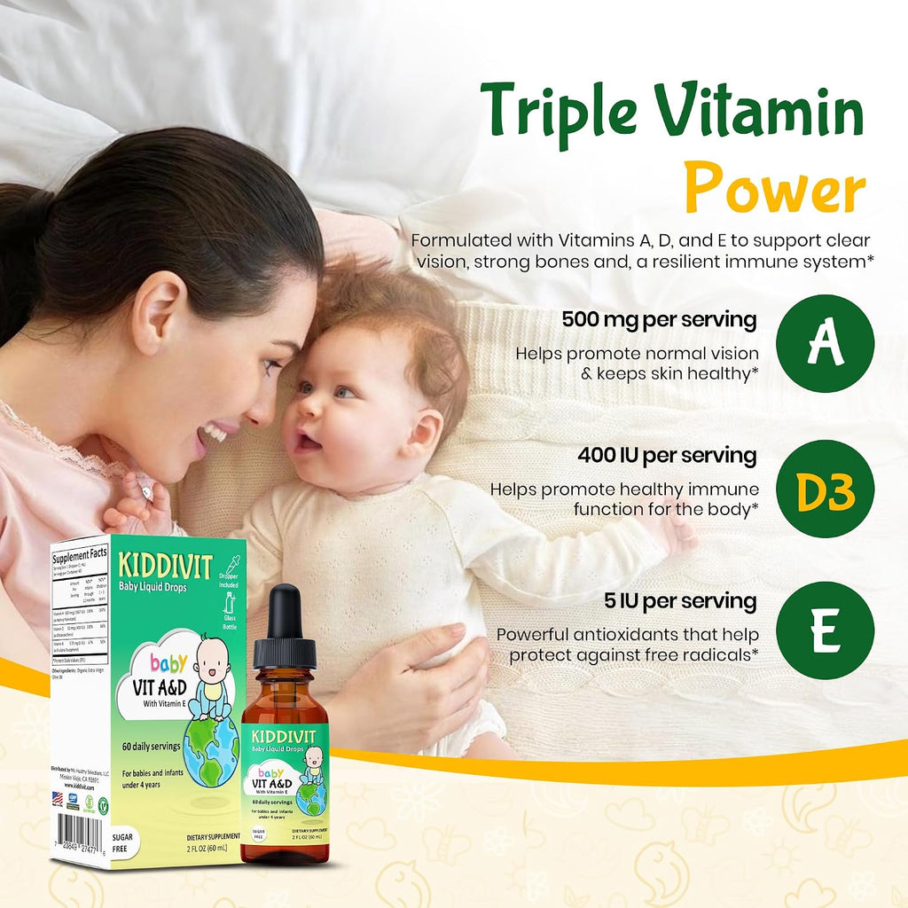 Kiddivit Baby Vitamin A&D Liquid Drops – Gotas de Vitaminas A y D con Vitamina E para Bebés
