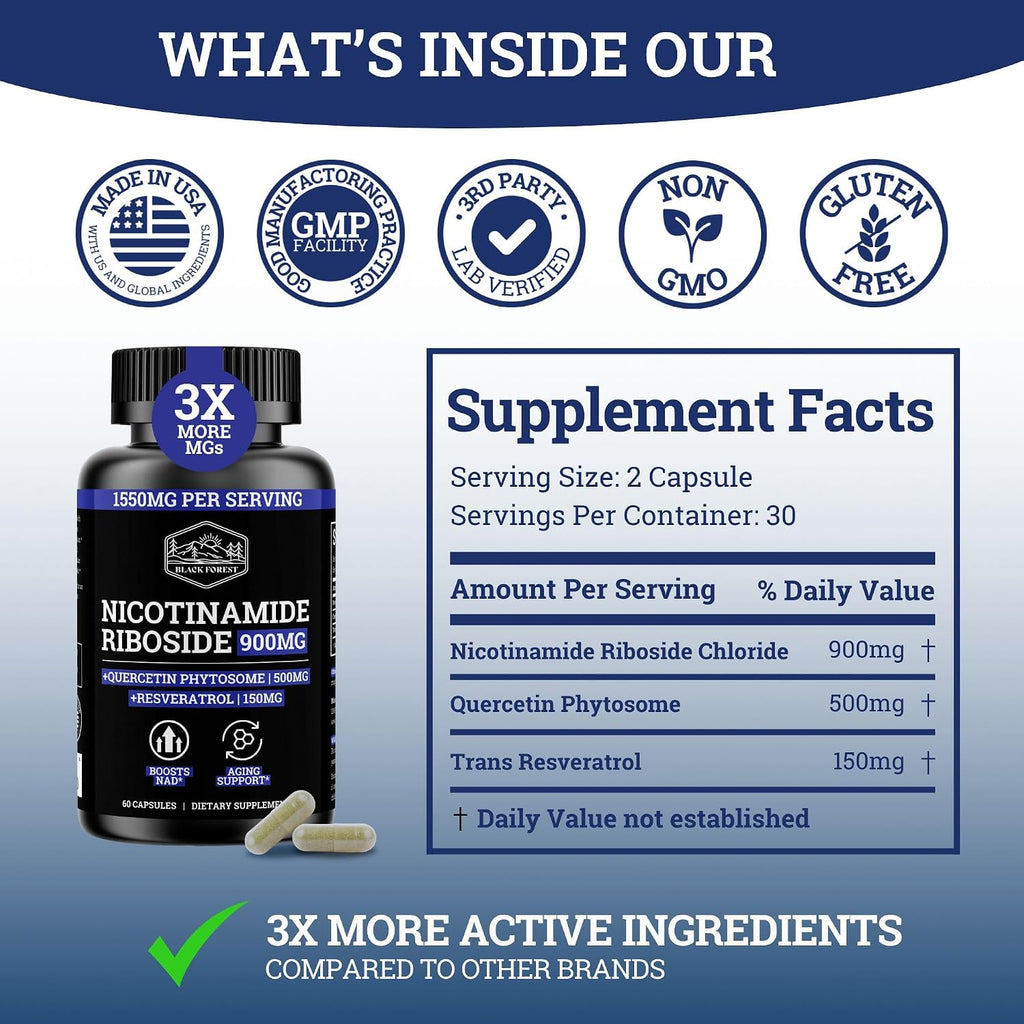 Black Forest NAD – Nicotinamida Ribósido 900 mg + Quercetina 500 mg + Resveratrol 150 mg