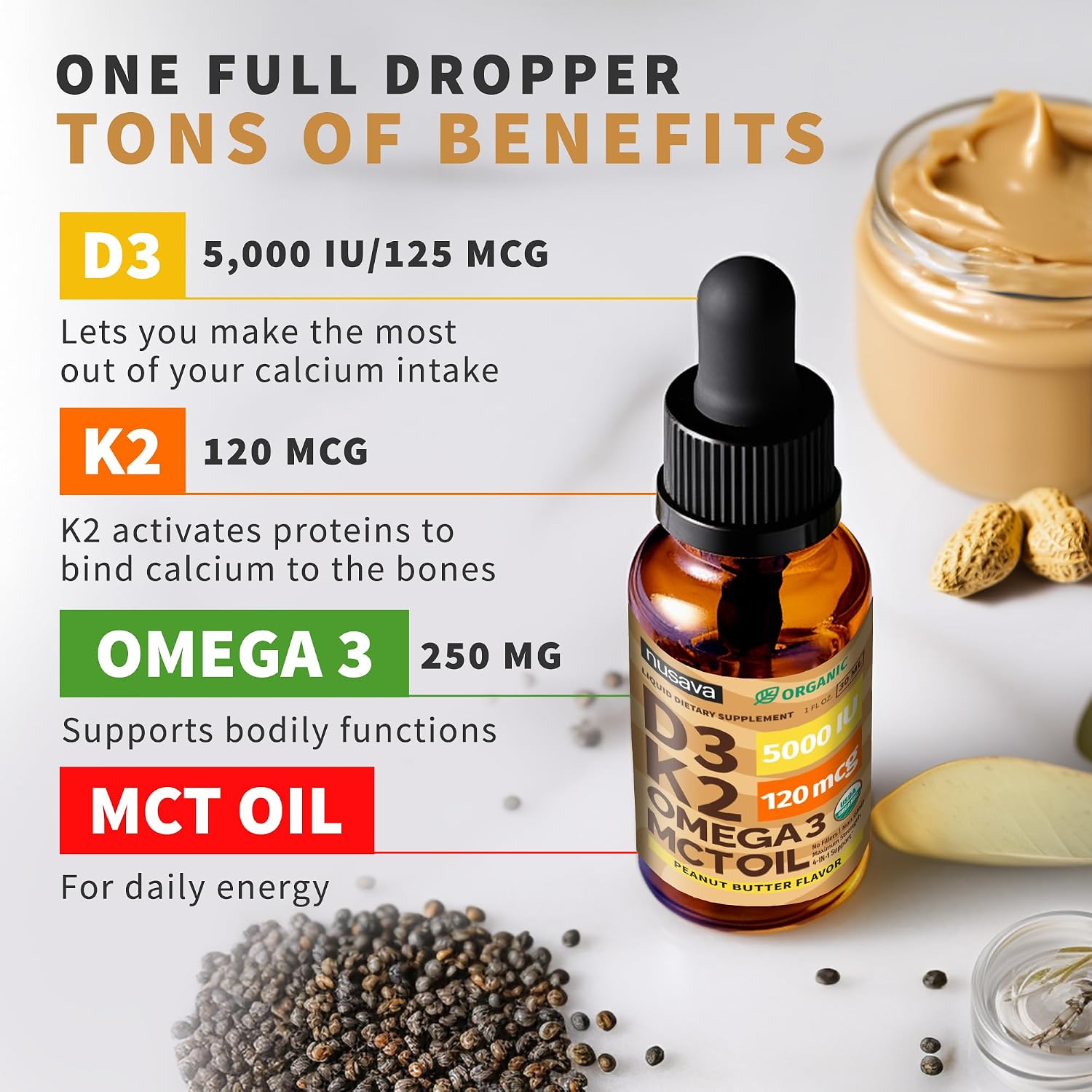 Vitamin D3 K2 Drops con MCT Oil y Omega 3 - Gotas Líquidas de Vitamina D3 5000 IU y K2 - Orgánico, No Rellenos, No GMO - Sabor Mantequilla de Maní (2 Pack, 2 fl oz cada uno)