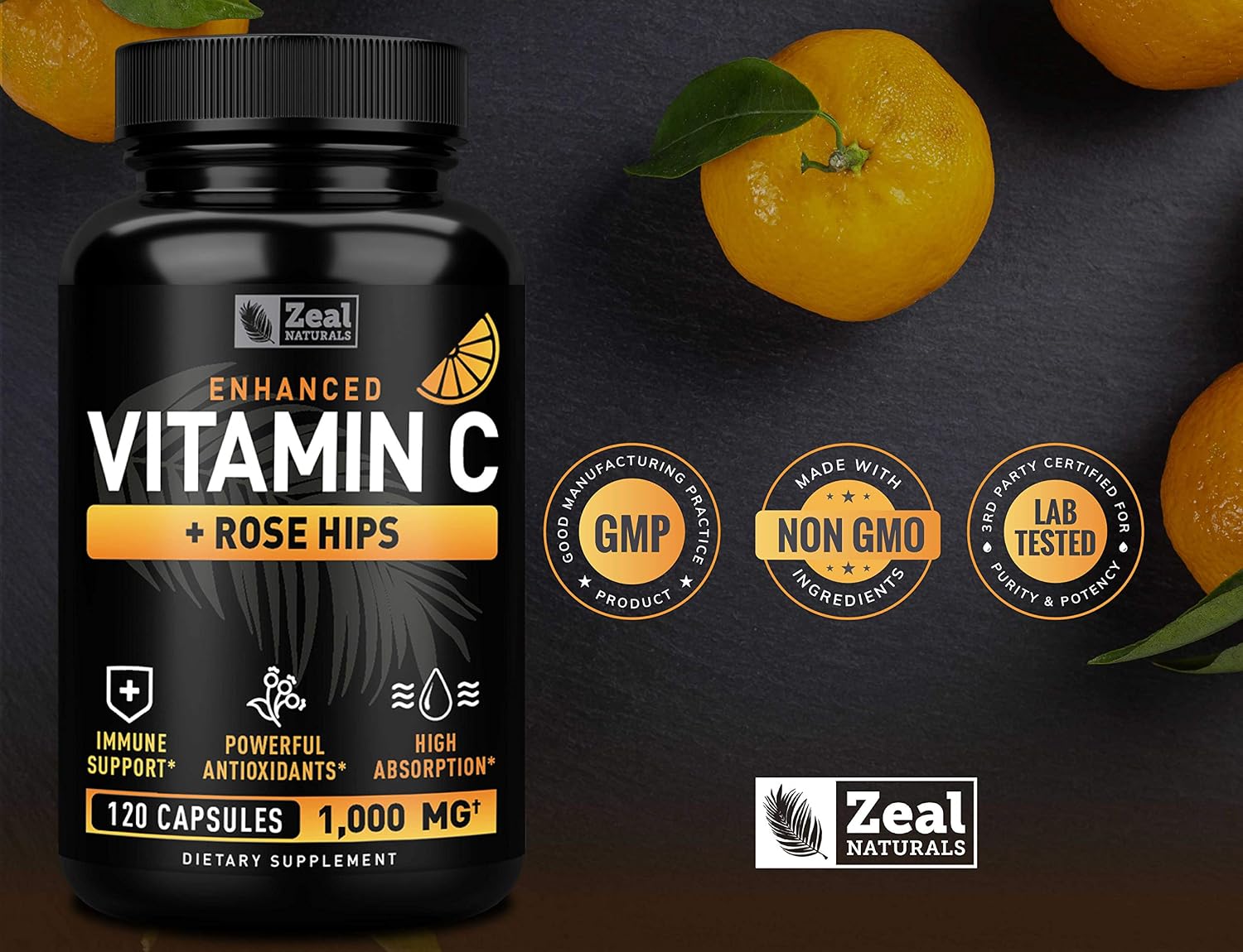 Zeal Naturals Vitamina C con Escaramujo 1000 mg - Ácido Ascórbico Puro - 120 Cápsulas