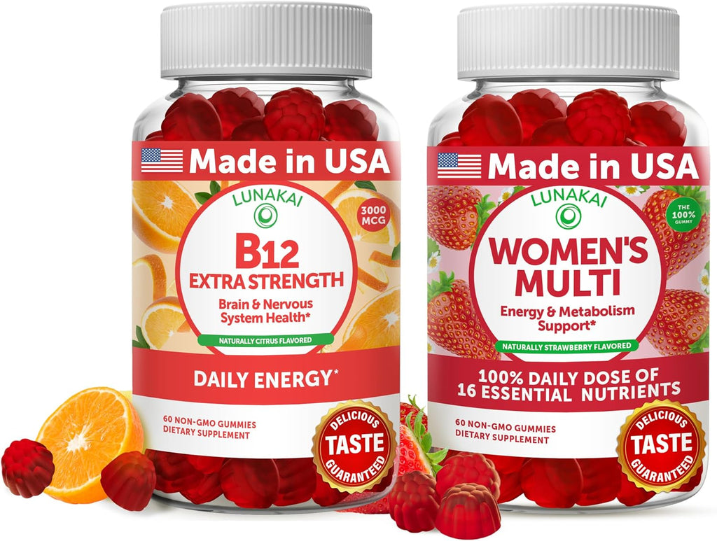 Lunakai Pack de Gominolas de Vitamina B12 y Multivitamínico para Mujer - 3000mcg Metilcobalamina de Alta Absorción - 16 Vitaminas y Minerales Esenciales - 30 Días de Suministro