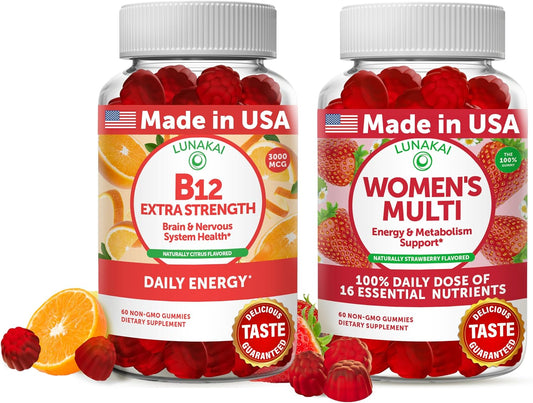 Lunakai Pack de Gominolas de Vitamina B12 y Multivitamínico para Mujer - 3000mcg Metilcobalamina de Alta Absorción - 16 Vitaminas y Minerales Esenciales - 30 Días de Suministro