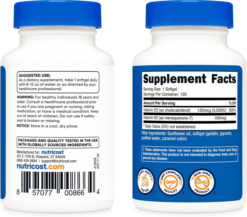 Nutricost Vitamina D3 + K2 (5000 UI D3 / 100 mcg MK7), 120 Cápsulas Blandas – Sin Gluten y No GMO