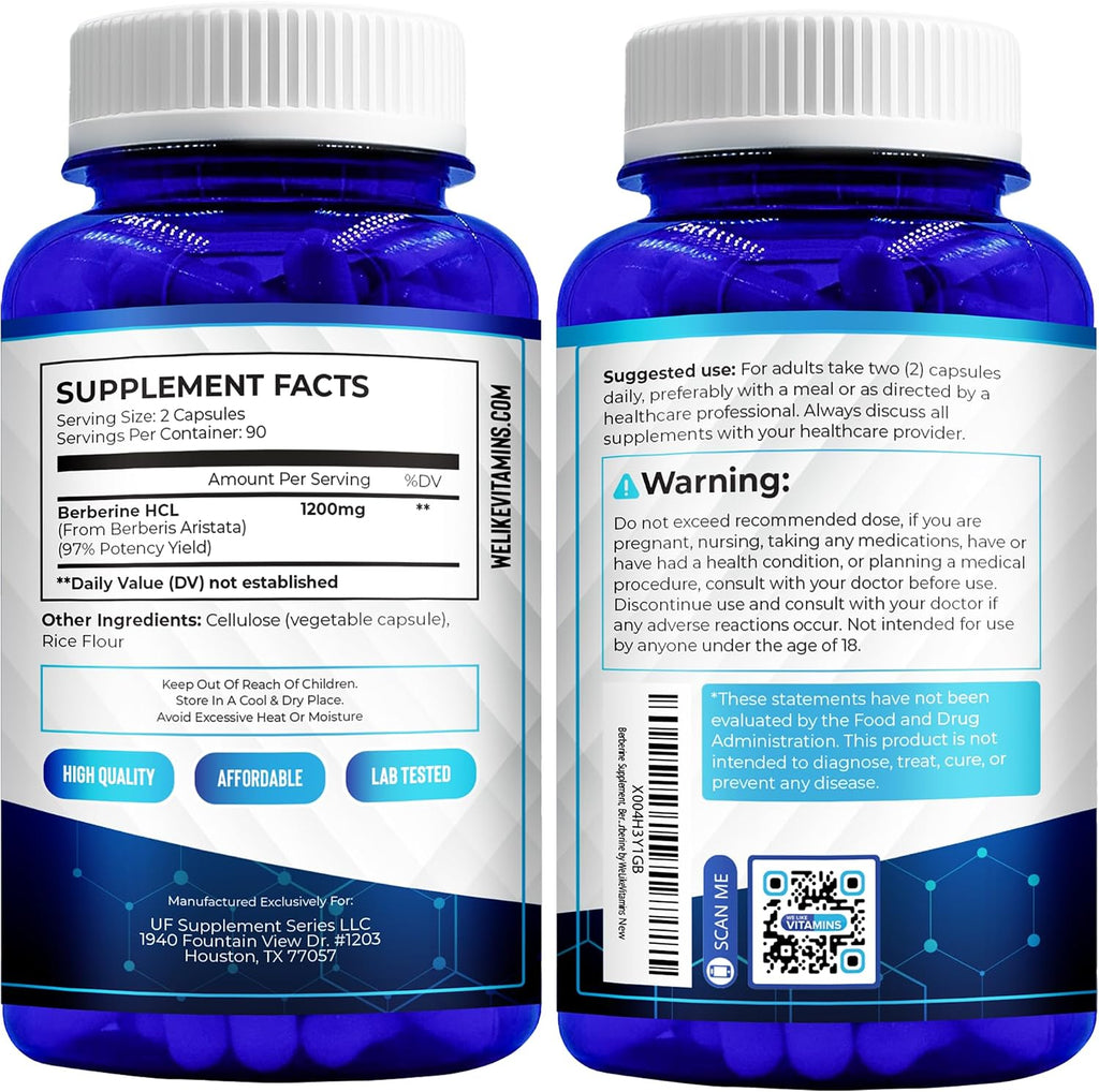 Berberina HCL 1200 mg, Certificado NSF, 180 Cápsulas Vegetales