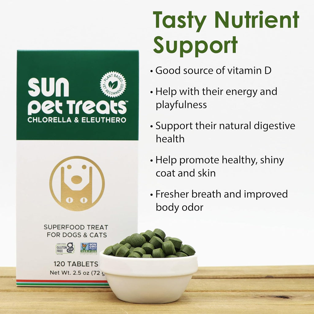 Sun Chlorella Sun Premios para Mascotas - Suplemento verde superfood para perros y gatos - 120 premios
