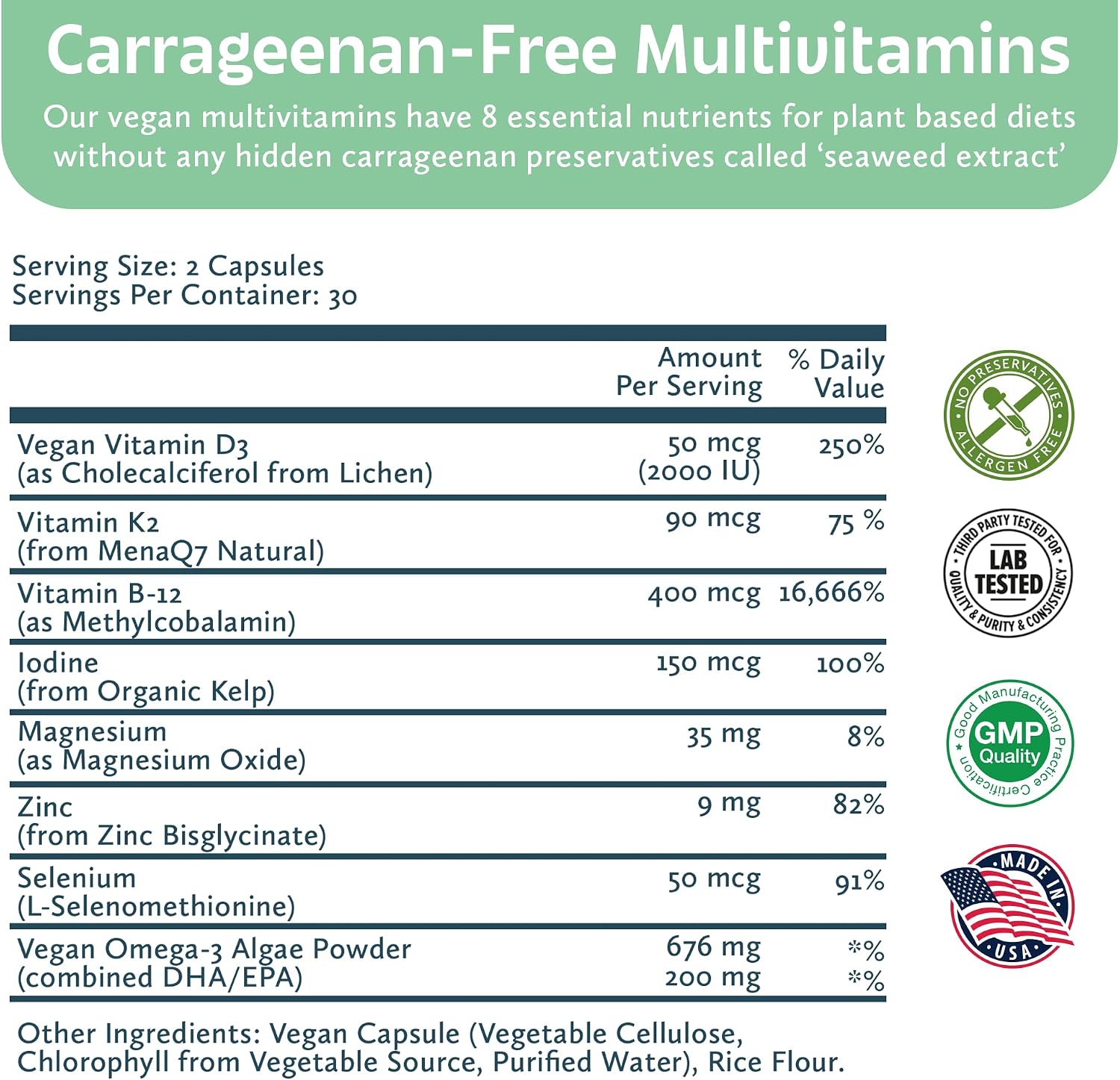 Future Kind Multivitamínico Vegano Completo con Omega-3, B12, D3, Zinc, Yodo, Magnesio, K2 y Selenio - Sin Carragenina, Envase Compostable (60 Cápsulas)