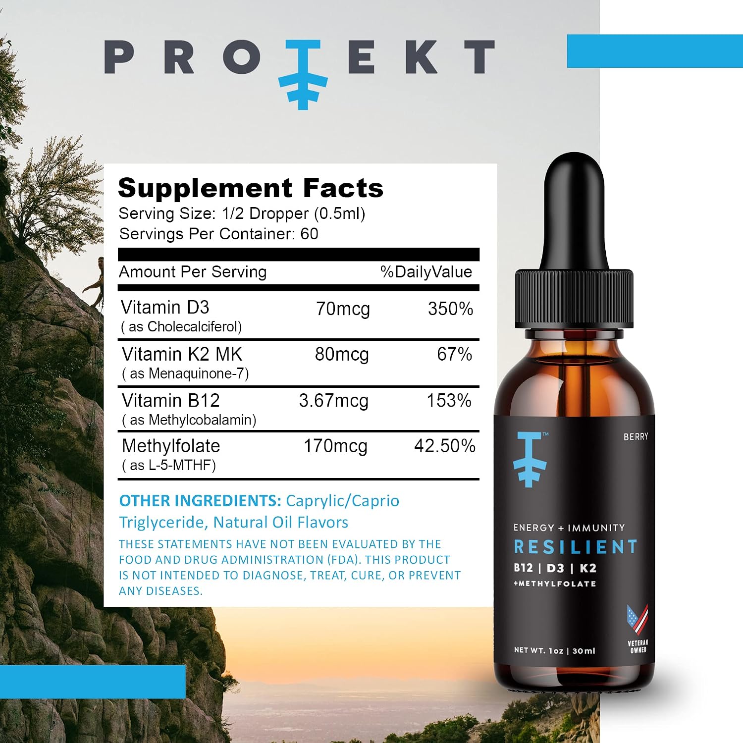 PROTEKT Resilient Gotas de Vitaminas D3, K2 y B12 - Suplemento Líquido con Metilfolato y Metilcobalamina - Sabor Natural a Bayas - 30 ml