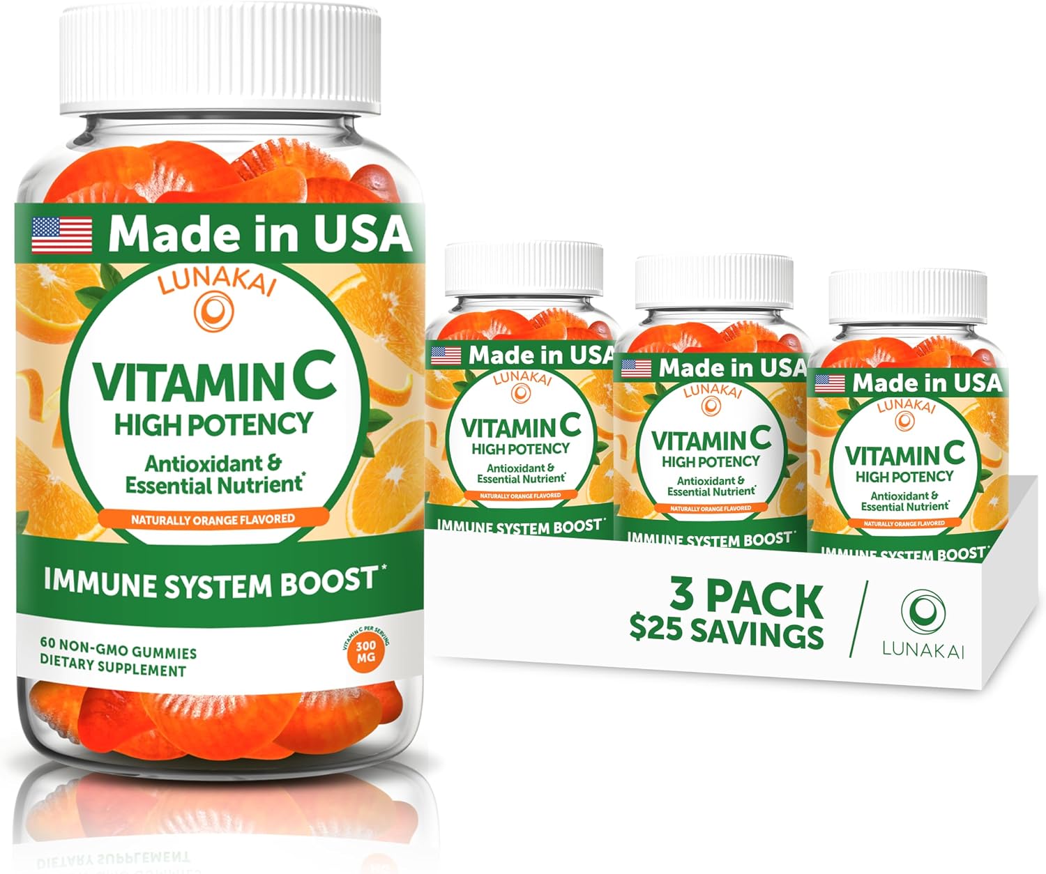 Lunakai Gominolas de Vitamina C Orgánicas - 250 mg para Adultos y Niños - Pack de 6