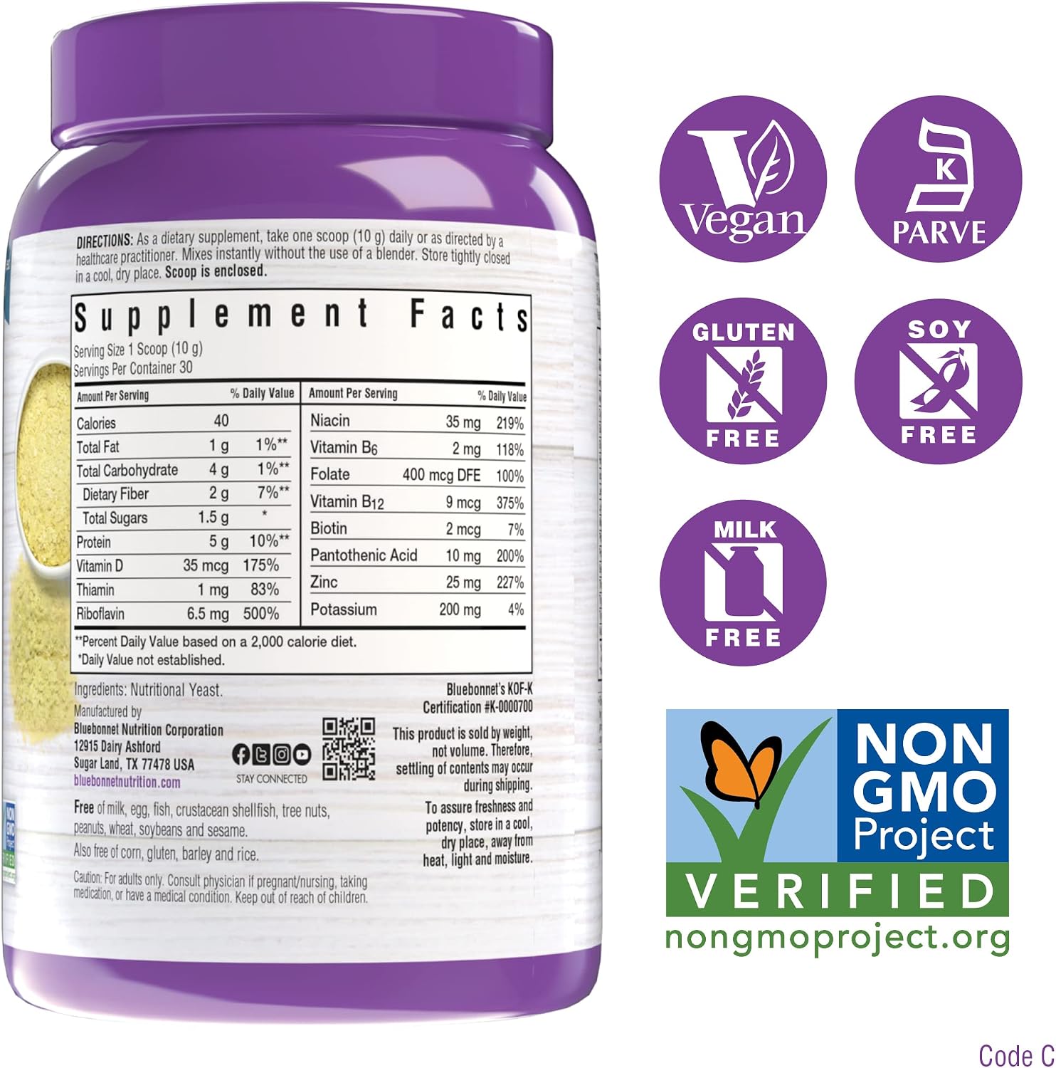 BlueBonnet Nutrition Copos de Levadura Nutricional No Amarga - Proteína Vegetal, Vitaminas B y Vitamina D - No Transgénico, Vegano, Kosher, Sin Gluten, Sin Soja - 300 g, 30 Raciones