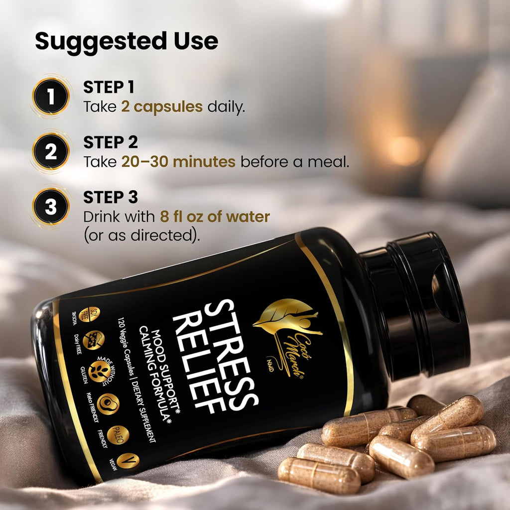 Cocó March N.M.D Stress Relief Support Supplement – Magnesium & B Vitamins Blend with Ashwagandha, Supports Stress Response, Sleep Cycle, Cognitive & Nerve Health – Gluten Free, Vegan – 120 Capsules