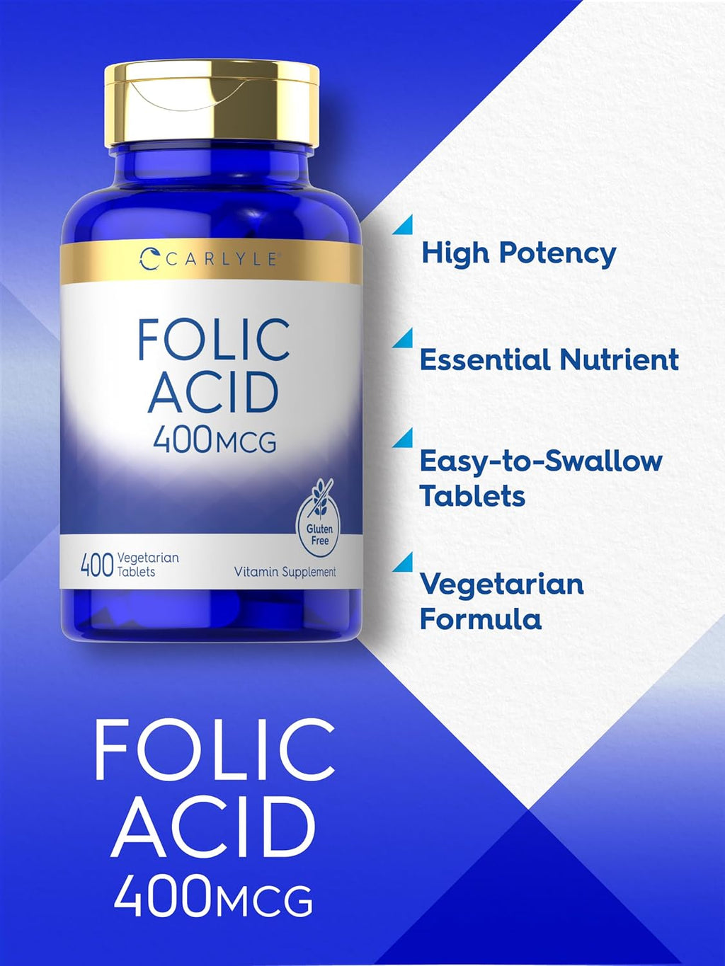 Carlyle Ácido Fólico 400 mcg | 400 Comprimidos | Vegetariano, No-GMO, Sin Gluten