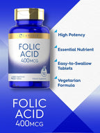 Carlyle Ácido Fólico 400 mcg | 400 Comprimidos | Vegetariano, No-GMO, Sin Gluten