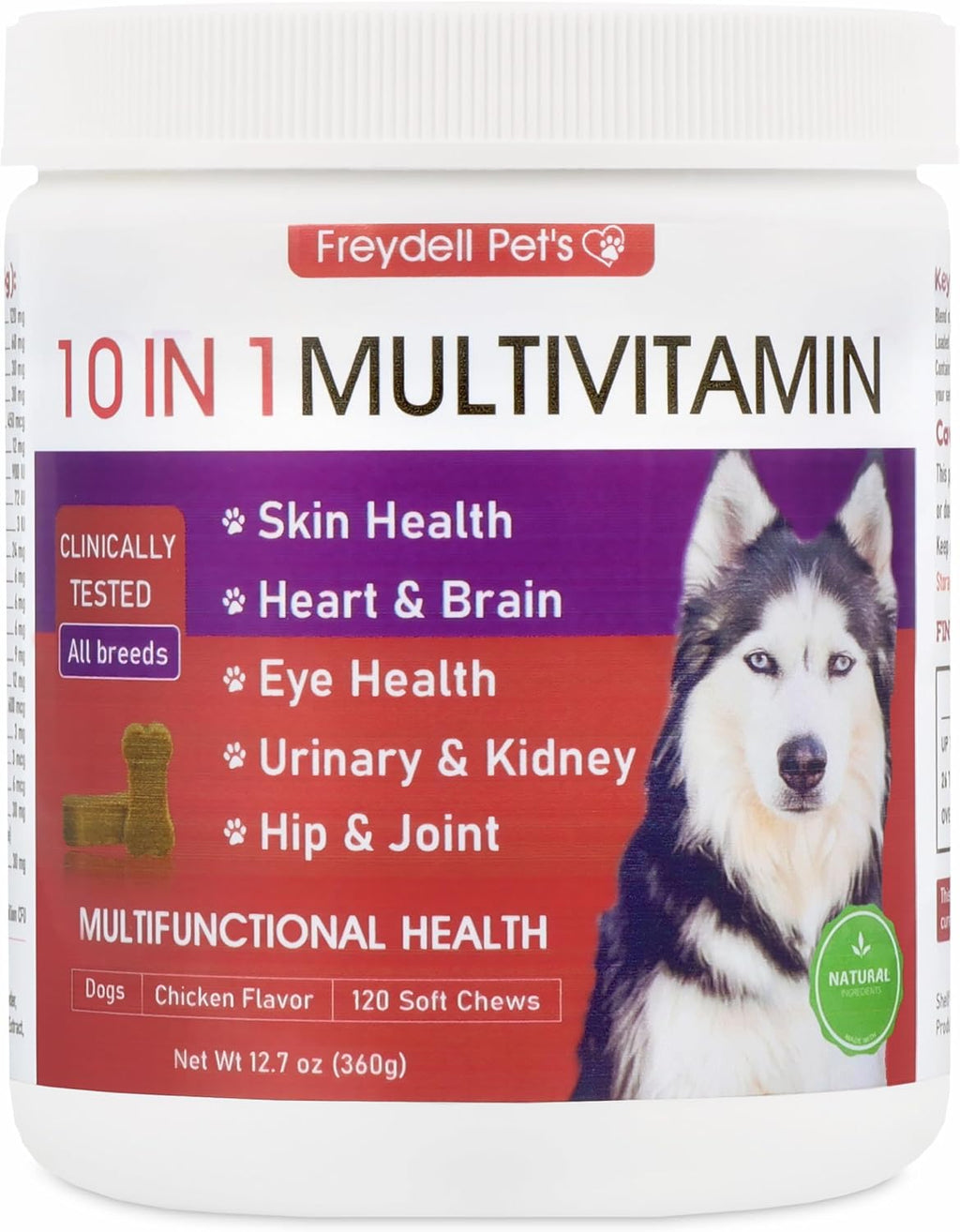 Freydell Pets Suplemento Multivitamínico 10-en-1 para Perros – Glucosamina y Condroitina, Probióticos, Omega-3 para Articulaciones, Digestión y Piel (120 masticables)