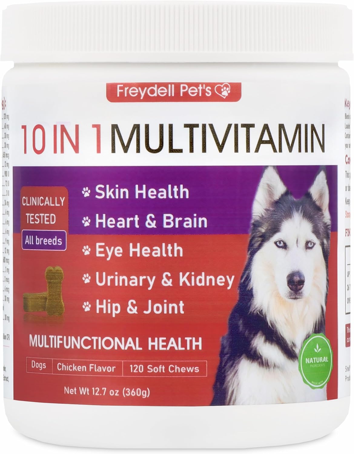 Freydell Pets Suplemento Multivitamínico 10-en-1 para Perros – Glucosamina y Condroitina, Probióticos, Omega-3 para Articulaciones, Digestión y Piel (120 masticables)