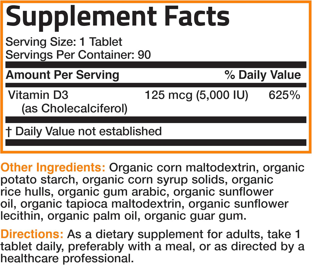 Bronson Vitamin D3 5000 IU USDA Certified Organic - 90 Tablets