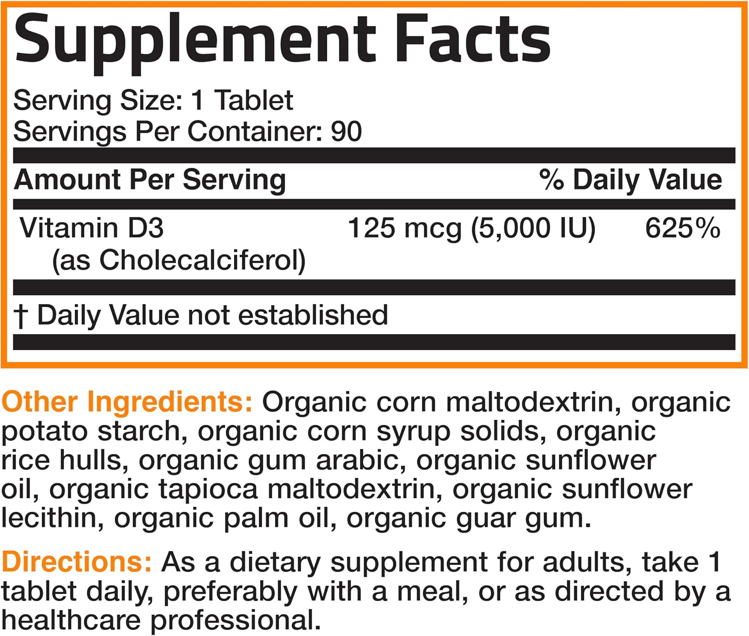 Bronson Vitamin D3 5000 IU USDA Certified Organic - 90 Tablets