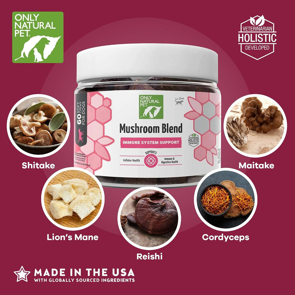 Only Natural Pet Mezcla de Hongos para Perros - Apoyo Inmunológico, Digestivo y Celular - 60 Gomitas Suaves Sabor Bacon