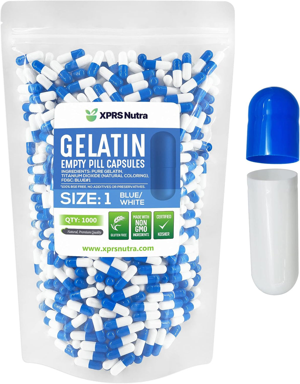 XPRS Nutra Cápsulas Vacías de Gelatina Tamaño 1 - 1000 uds - Para Rellenar tus Propios Suplementos