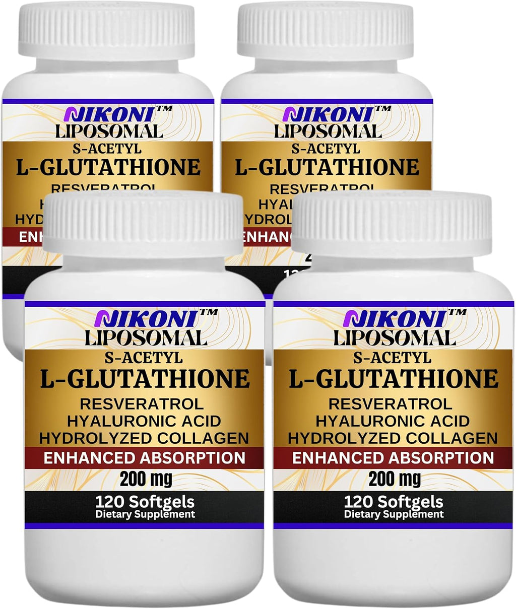 Nikoni Liposomal S-Acetil L-Glutation, Resveratrol, Ácido Hialurónico y Colágeno, 500 mg, 120 Cápsulas Blandas